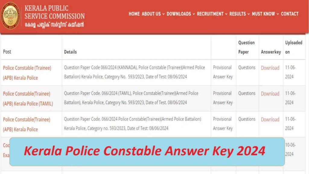 kerala police constable answer key 2024
